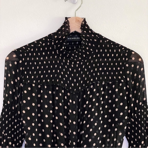 Nicholas Sheer Silk Polka Dot Smocked Tie Front Cropped Blouse Black Small - Picture 7 of 16